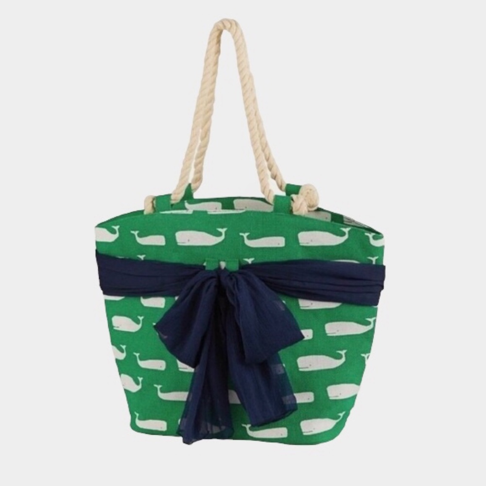 Mud Pie Whales Beach Tote Bag Green with Navy Bow